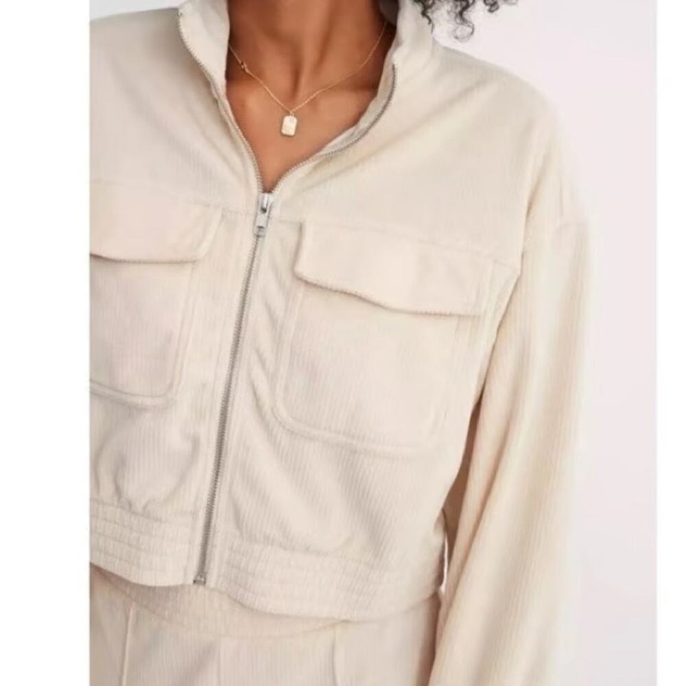 Aerie Velour Corded Full-Zip Sweatshirt Jacket Off White Size XS
